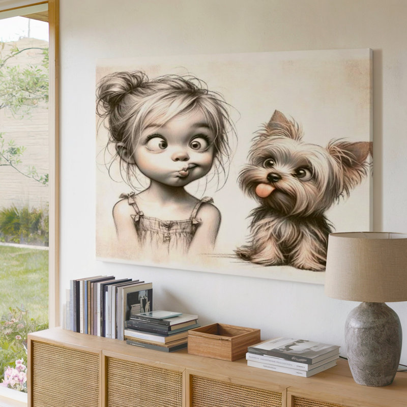 Adorable fille avec une drôle de tête et un petit chien pour chambre d'enfant, 16 x 20 in