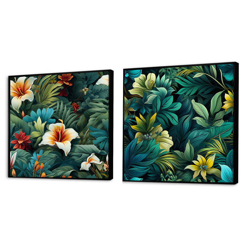 Rainforest Radiance - motif tropical - ensemble de 2 collages carrés tropicaux, Cadre flottant noir, H 16 po x l 33 po
