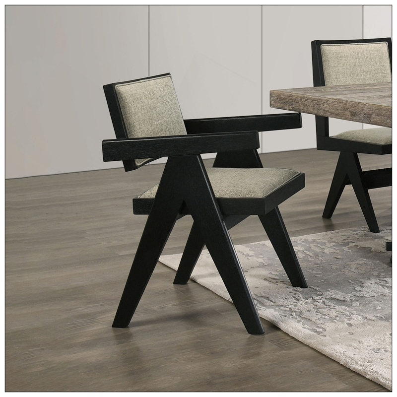 Contemporary Black Colour 2Pc Dining Arm Chairs Light Grey Fabric Upholstered Chairs Plank Arms Dining Room