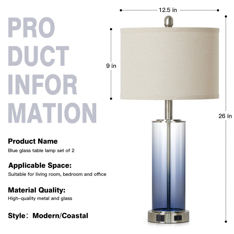 Lampe de table 26 po à contrôle tactile moderne en verre avec deux ports USB, Argent / bleu, Beige