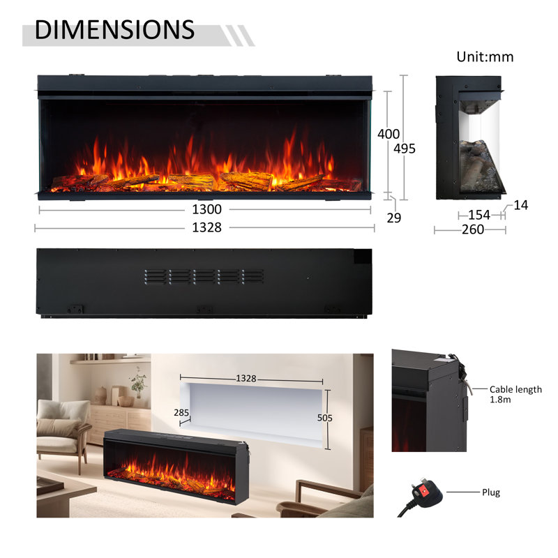 KNIGHTON FLAMME Electric Inset Fire, 49.5 cm H x 130 cm W x 26 cm D