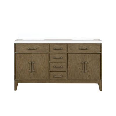 Grey Oak Double Vanity For Bath 60 In. Wide, Pre - Drilled Smooth White Quartz Surface, Solid Wood Frame, Soft Close Drawers And Two Interior Cabinets Storage Needs Vanity, Hand Finished Countertop,