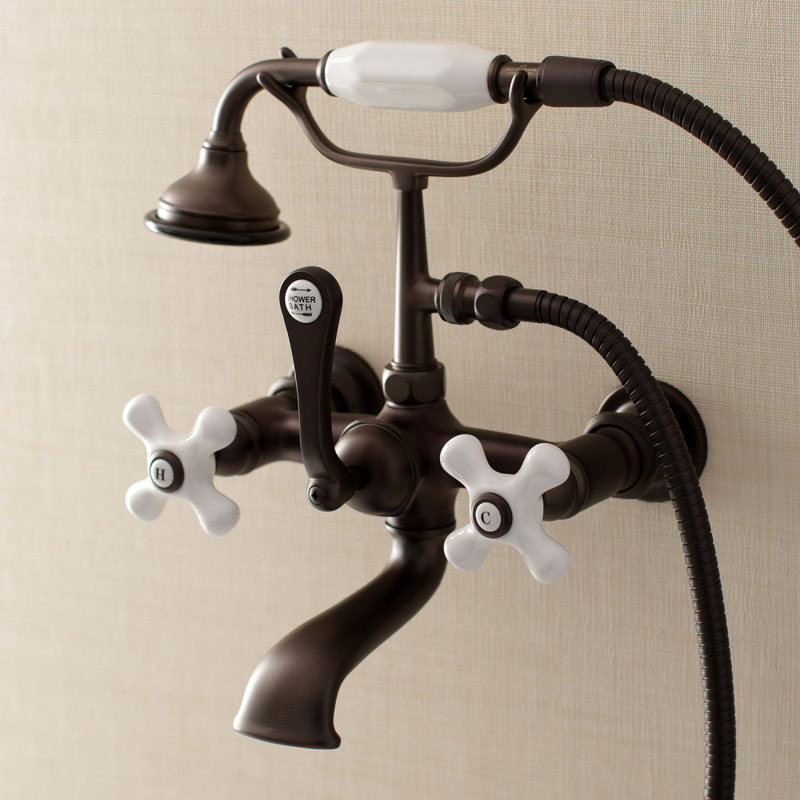 Kingston Brass Aqua Vintage Three-Handle 2-Hole Tub Wall Mount Clawfoot Tub Faucet with Hand Shower, Oil Rubbed Bronze