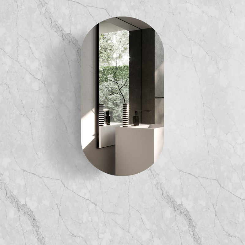 Modern Oval Bathroom Compact Medicine Cabinet | Durable Pre-Assembled Mirror Shaving Cabinet, Black