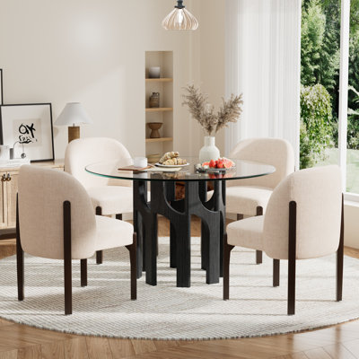 Ensemble de table ronde moderne en verre et chaises rembourrées 4/6, base géométrique avec sièges beiges pour la cuisine et la salle à manger