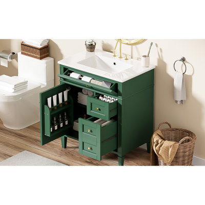 30'' Bathroom Vanity With Ceramic Sink, Modern Style, 3 Drawers, Adjustable Shelf, Cabinet Door Organizer, And Textured Handle For Organization 2 Regular Tip - Out Drawer, Smooth Metal Drawer Slides,
