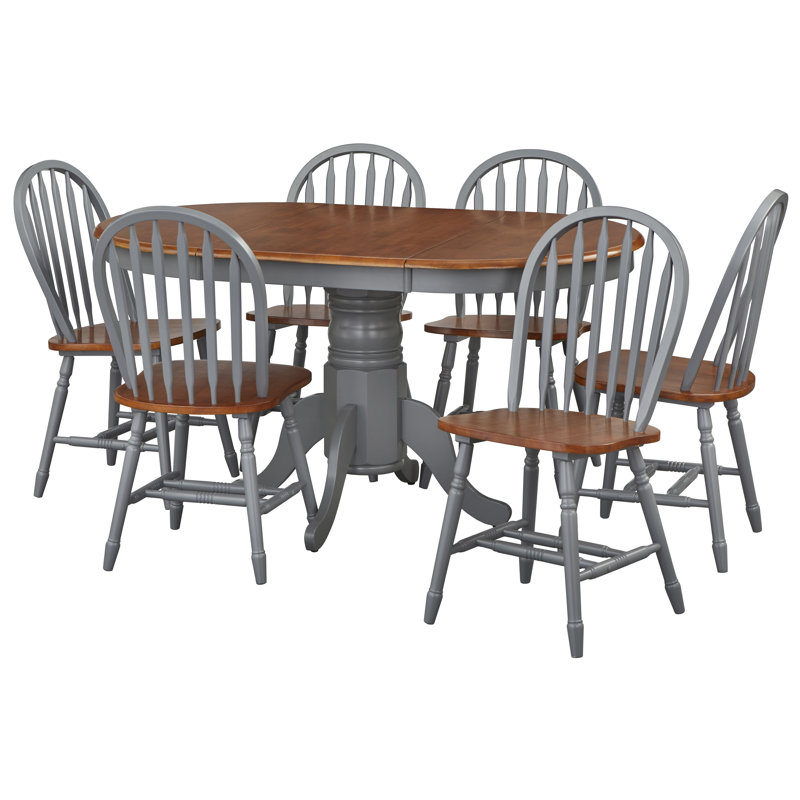 Kaneshiro Solid Wood Top Pedestal Dining Set, 7 Pieces: Table, 6 Chairs, Gray/Walnut