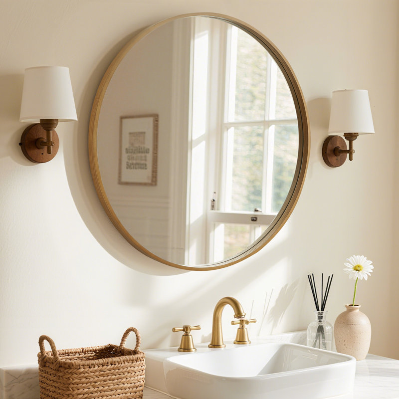 Miroir mural rond en bois pour meuble-lavabo de salle de bain, Bois naturel, 28 po x 28 po
