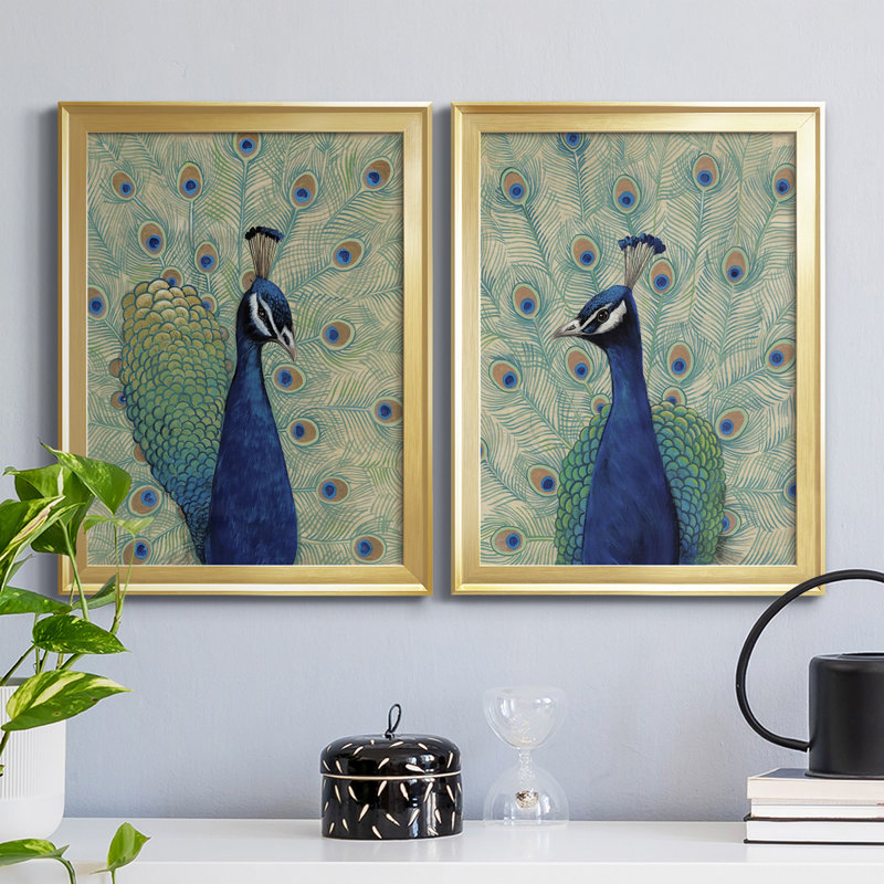 «Blue Peacock I», reproduction encadrée de qualité supérieure - prête à être accrochée, H 42,5 po x l 61 po x P 1 po, Or