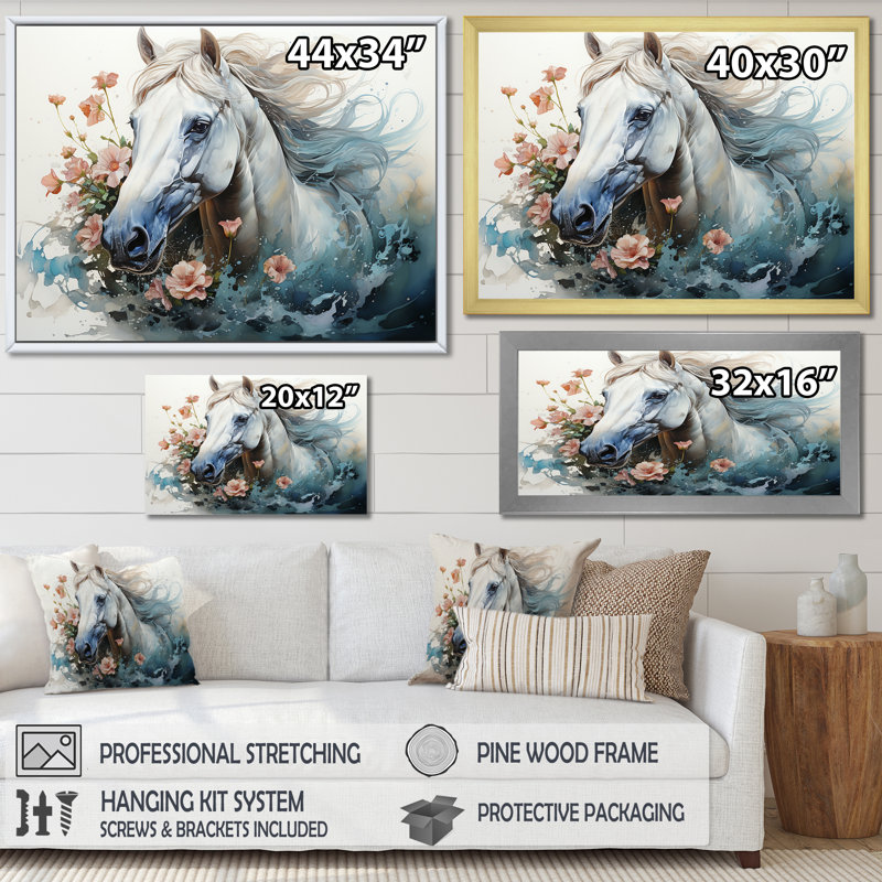 Aquarelle, cheval au galop - décoration murale cheval, H 34 po x l 44 po x P 1,5 po, Cadre doré simple