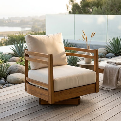 Fauteuil pivotant extérieur en bois d'acacia avec coussins beiges résistants aux intempéries - Rotation à 360 degrés