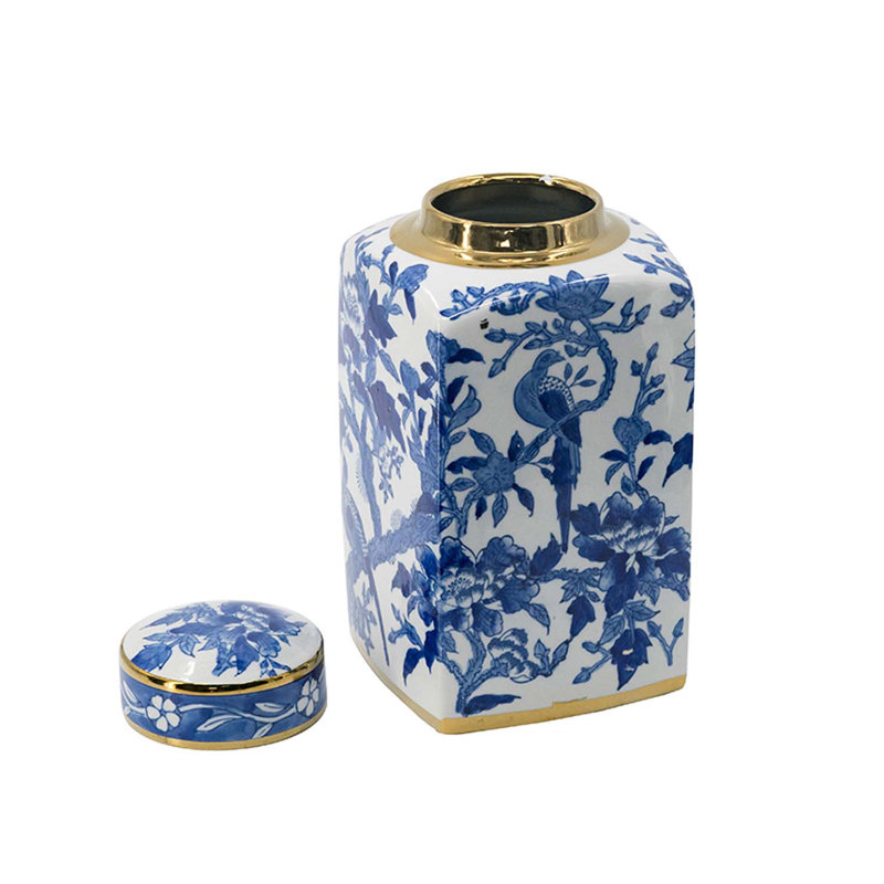 Pot en porcelaine bleue et blanche 6,5 x 6,5 x 12,5 po
