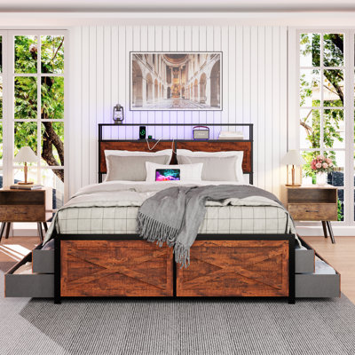 Farmhouse Queen Size Storage Bed Frame with 12 Drawers, LED Headboard with Charging Station