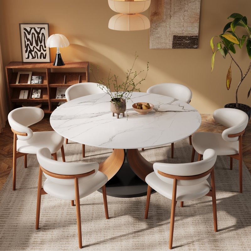 Table de salle à manger sculpturale en forme de X, 30.51" H x 47" W x 47" D, Snowy White / Walnut