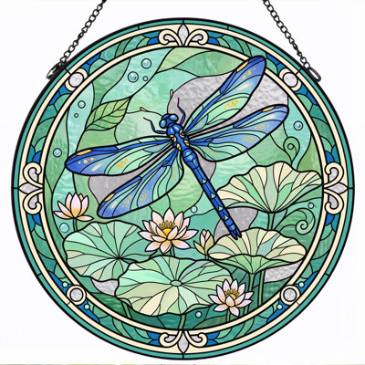 Dragonfly Pond Stained Glass Window Panel，12"H
