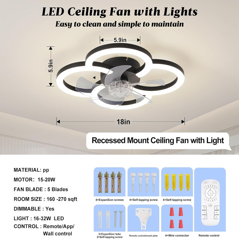 Ventilateurs de plafond avec lumières et télécommande, ventilateur de plafond encastré avec lumière, ventilateurs de plafond modernes à DEL à intensité variable 3000-6500K, 6 vitesses de vent, petit ventilateur de plafond à profil bas pour chambr