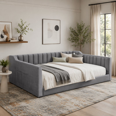 Full XL Size Velvet Upholstered Daybed, Gray