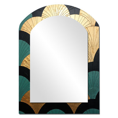 Emerald And Golden Arches - Abstract Shapes Asymmetrical Decorative Mirror, Modern Arch Wall Mirror, Printed Metal Art
