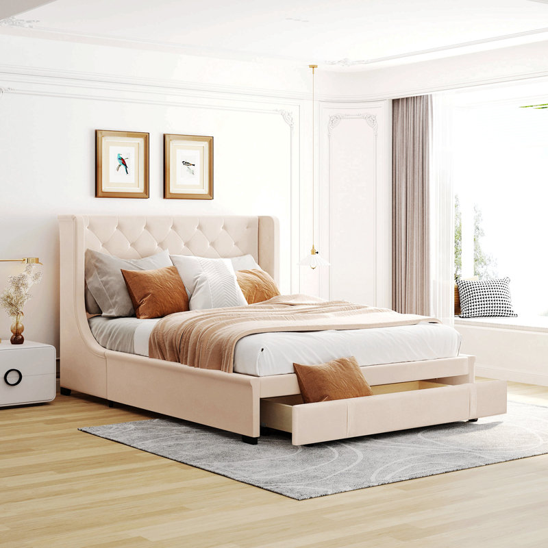 Darcy-Mae Upholstered Wingback Storage Bed, Beige
