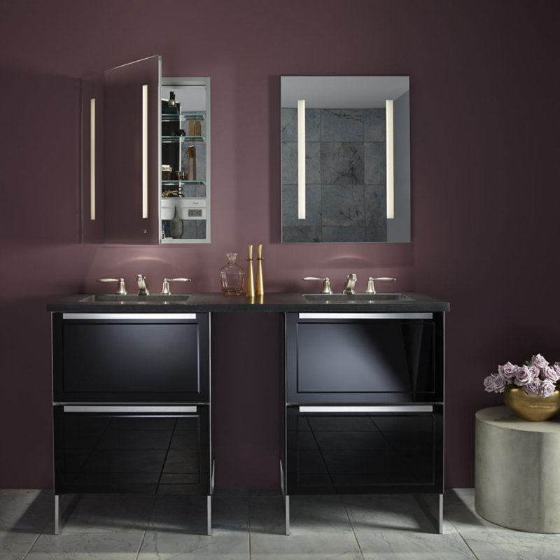 AiO Recessed Frameless Medicine Cabinet with 6 Adjustable Shelves and LED Lighting, 39.375" H x 23.25" W x 4" D, Left