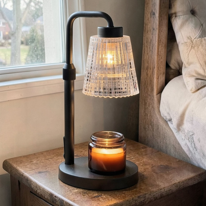Retro Candle Holder With Ribbed Glass Shade, Dimmable Timer & Adjustable Height, Candle Warmer Lamp With 2 Bulbs For Home Deco