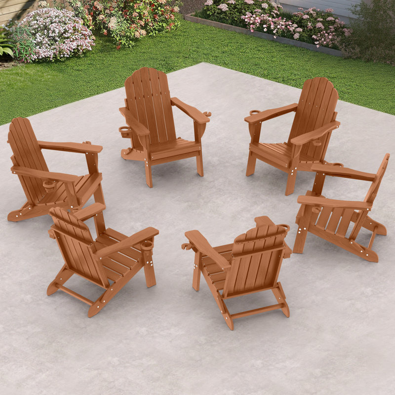 HDPE Adirondack Foldable Chair Wood Texture With Cup Holder(Set Of 6), Teak