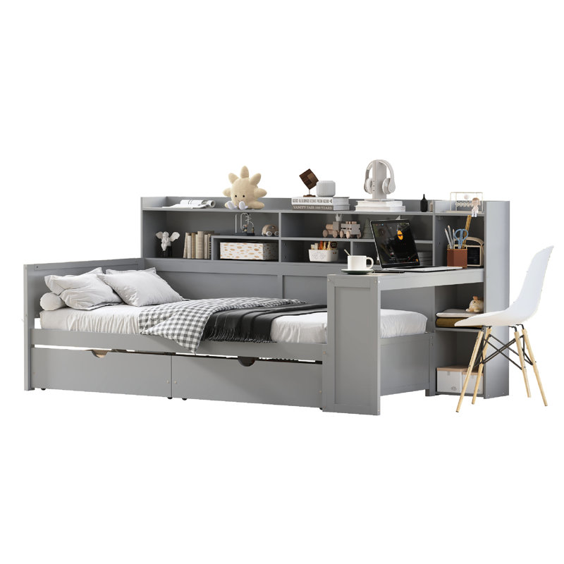 Gray Twin Wooden Daybed With Multi - Storage Design, Two Drawers And A Functional Study Desk For Bedroom Productivity Boost Size Wood Storage Shelf Setup, Efficiency Maximization