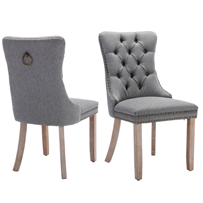 Chaise de salle à manger en velours avec anneau à dossier et pieds en bois massif, Gris, Bois naturel, 2