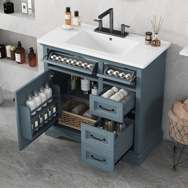 36" Bathroom Vanity with Sink, Ceramic Sink, 2 Tip-out Drawers, Soft Close Door Hinges, Blue Grey