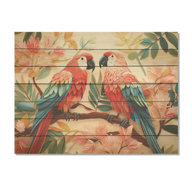 Fleurs tropicales roses et bleues - motif de perroquet sur bois, H 34 po x l 44 po