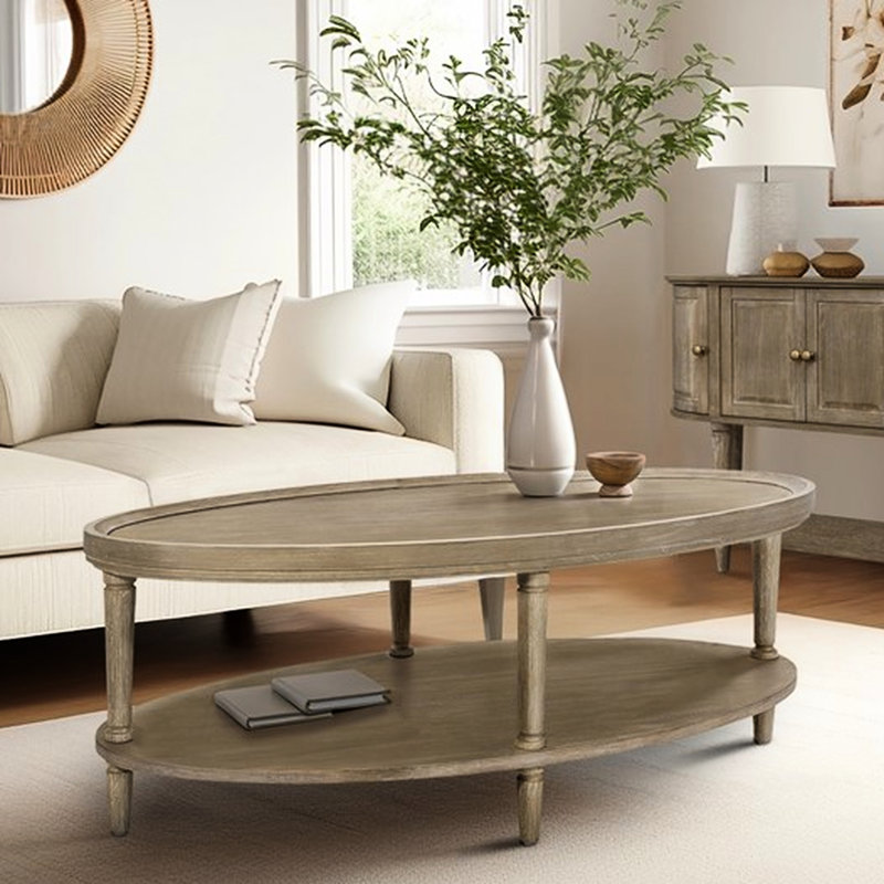 Table basse ovale avec tablette, style classique, finition grège récupérée, plateau de table en placage de bois d'hévéa robuste, niveleurs réglables pour une conception stable, étagère de rangement fixe rustique, plateau