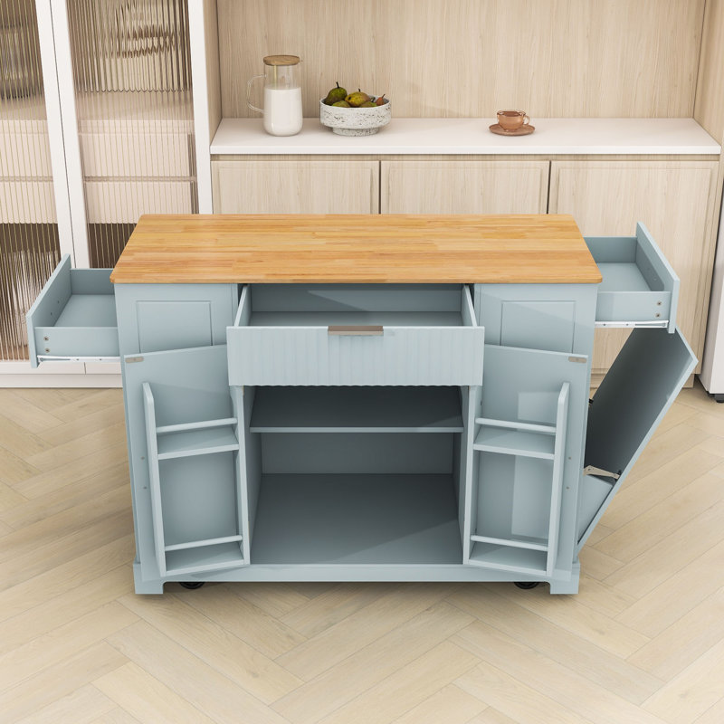 Rolling Kitchen Island with Shelves, 3 Drawers and Power Outlet, Gray Blue