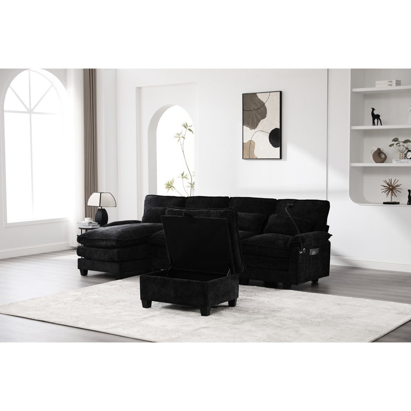 En forme de U de 106 po avec revêtement en chenille, 4 sièges, canapé-lit, méridienne, canapé de rangement mobile et pour téléphone, canapé-lit à siège, structure en bois et surface de chargement
