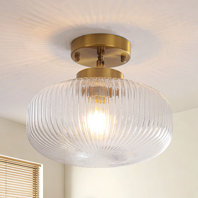 1-Light Dimmable Ribbed Glass Semi Flush Mount