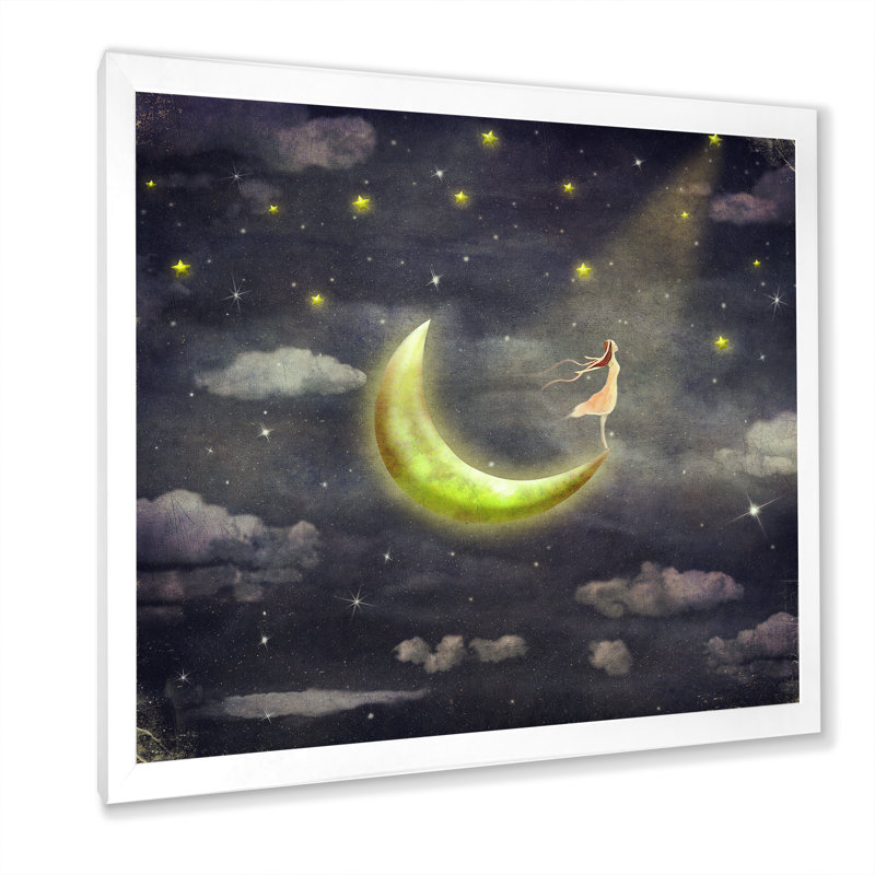 «Cute Girl Lightning The Moon», art sur toile pour enfants, Cadre photo blanc, H 30 po x l 30 po x P 1 po