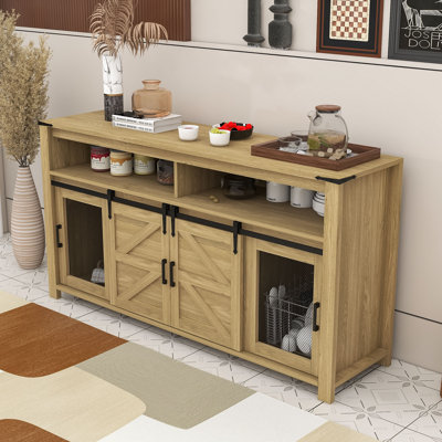 Buffet rustique Farmhouse avec portes de grange coulissantes, rangement ouvert et plateau de table spacieux