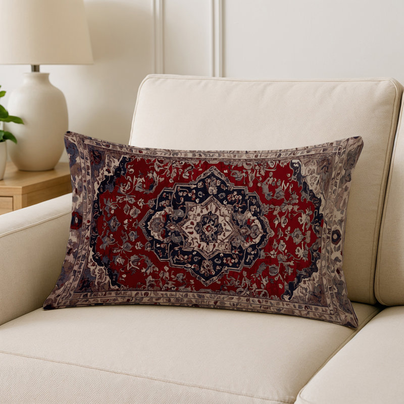 Modern Contemporary Indoor and Outdoor Throw Pillow, Burgundy/Navy/Cream Damask, Rectangle 25"H x 18"W