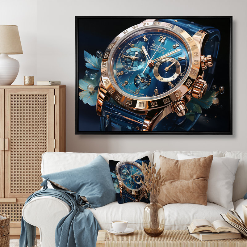 «Blue Luxury Watch» saphir horloge I sur toile, H 30 po x l 40 po, Cadre flottant noir