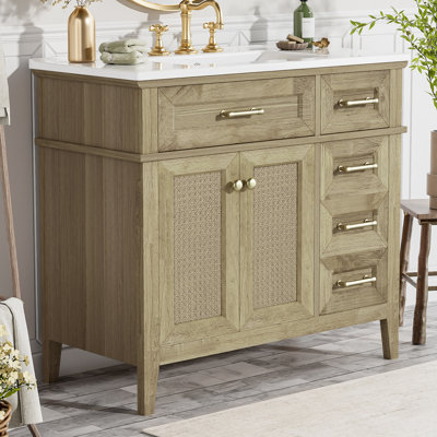 Meuble-lavabo à structure en bois d'hévéa 36 po avec lavabo en céramique et rangement polyvalent