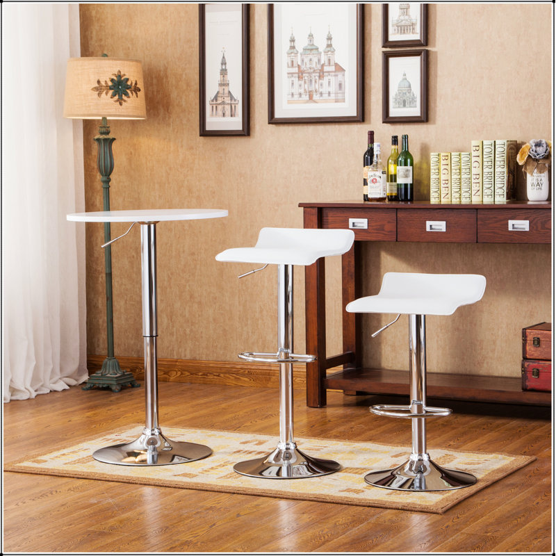 Ensemble de tables de bar réglables en bois et en métal chromé et 2 tabourets pivotants réglables en chrome, Argent argent