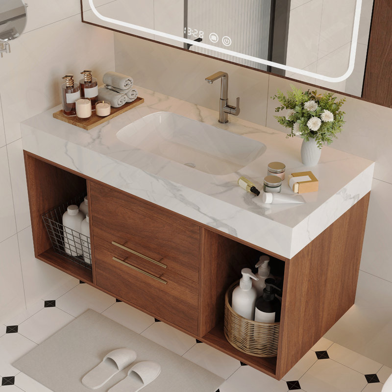 Meuble-lavabo flottant avec lavabo en céramique et deux tiroirs à fermeture en douceur et plateau en ardoise