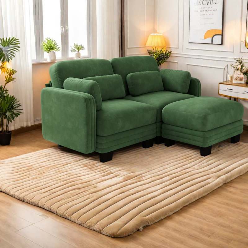 Canapé d'angle à compression, canapé modulaire en chenille verte avec pouf, salon moderne