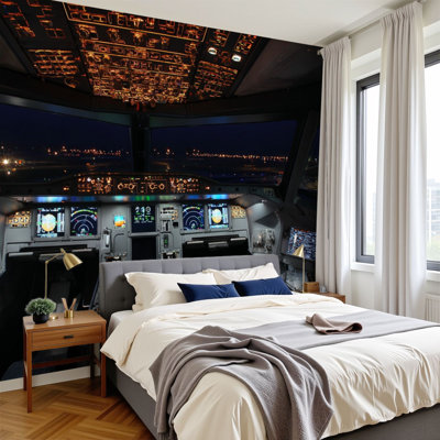 Peel and Stick Wallpaper cockpit airplane night pictures Wall Murals 100"H x 144"W Removable PVC Wall Paper Self-Adhesive Wall Decor for Bedroom Living Room Home Office