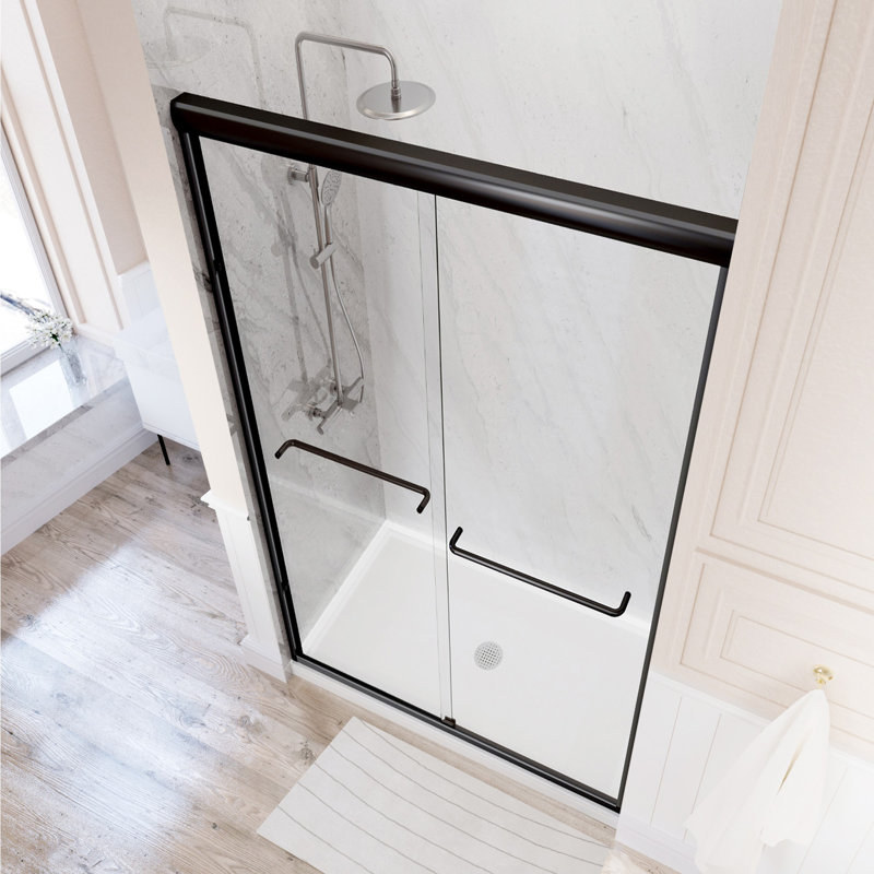44" - 48'' W X 72'' H Double Sliding Door Semi-Frameless Shower Door With Two Black Towel Bars, Clear