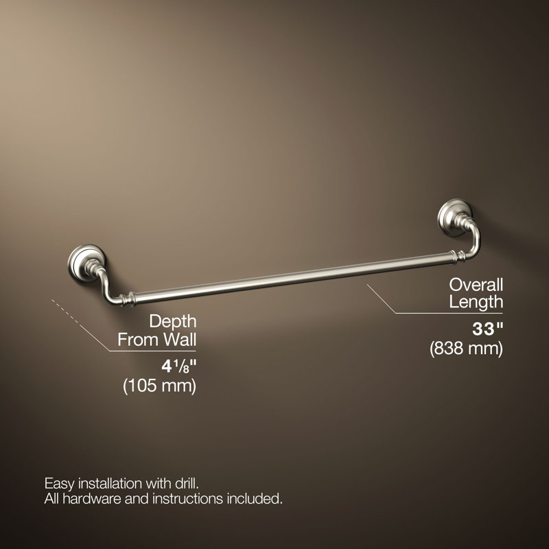 Artifacts Wall Mounted Towel Bar, Nickel brossé éclatant, H 3 po x l 30 po