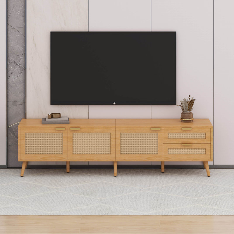 Meuble télé moderne avec portes en rotin, console multimédia avec armoires, 2 tiroirs