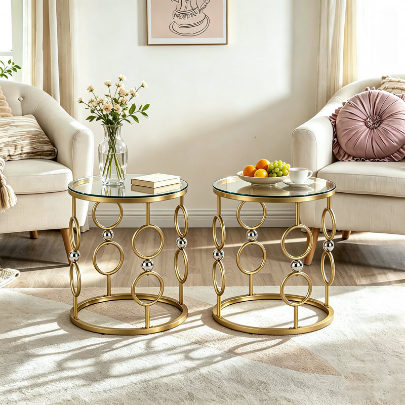 Ensemble de 2 tables de bout en verre, table d'appoint ronde avec cadre en métal pour le salon, le balcon et la chambre à coucher