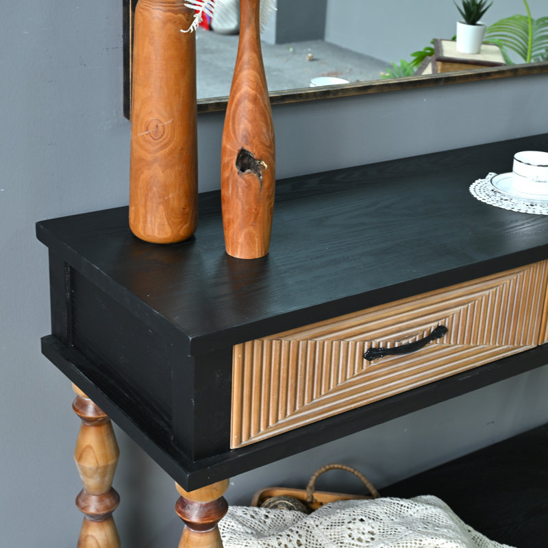 Console facile à assembler en bois massif sculpté rustique 47,64 po avec pieds pivotants, console rectangulaire de salon avec tablette ouverte et 2 tiroirs
