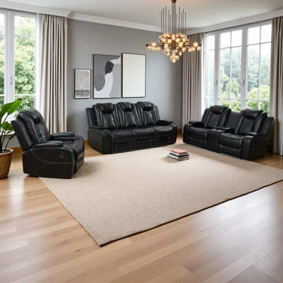 Ensemble de canapé inclinable en cuir 3 pièces Black