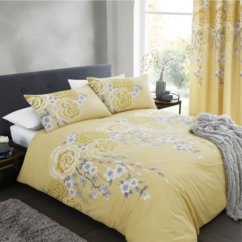 Oriental Blossom Easy Care Duvet Cover Set, Double Duvet Cover, Grey